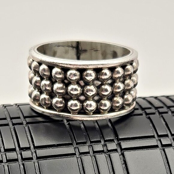 Men's Mexican Sterling Ring - Wide Band Ring - Silver Ball Ring Size 11 - Picture 3 of 6